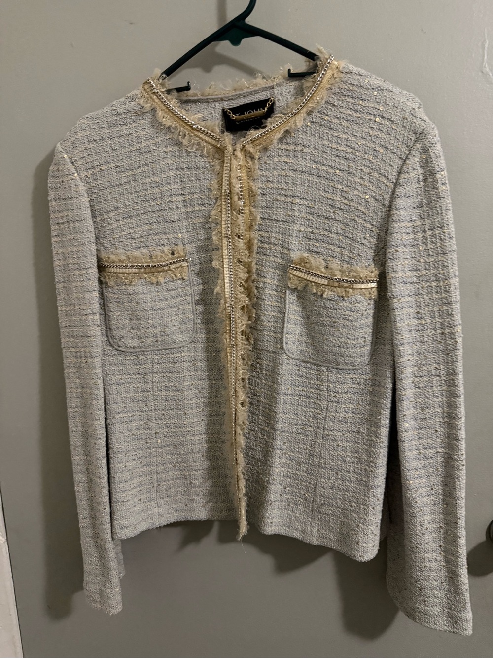 St. John Collection Light Gray Bouclé Jacket with Gold Chain Detail